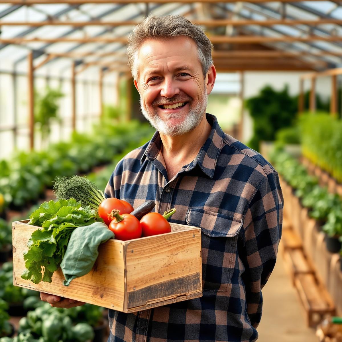 Thomas, founder of MFK Foods, holding a wooden crate of fresh produce